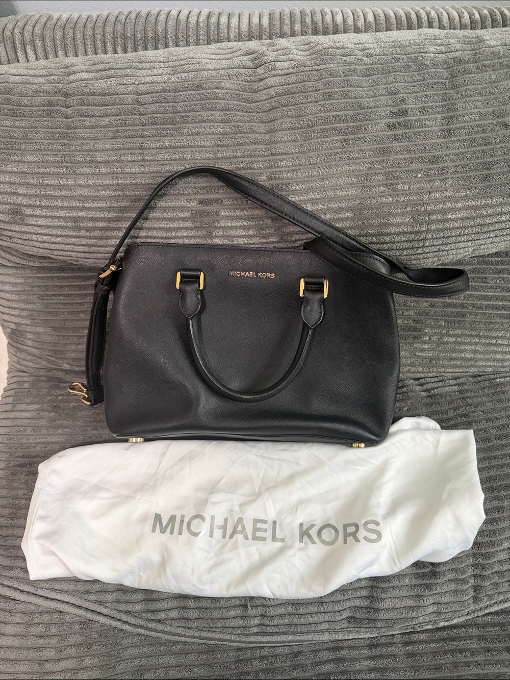 Michael Kors Black Leather Satchel with Gold-Tone Accents